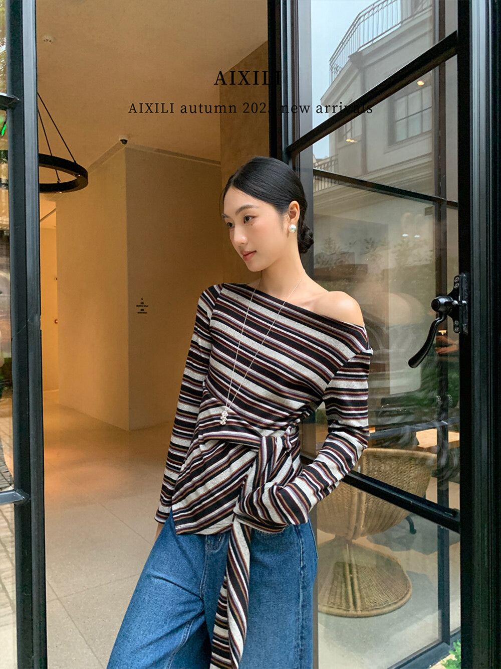 AIXILI Retro Stripe Drape-Hem Tie-Waist Knit Top
