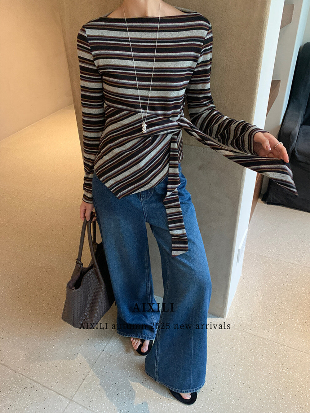 AIXILI Retro Stripe Drape-Hem Tie-Waist Knit Top