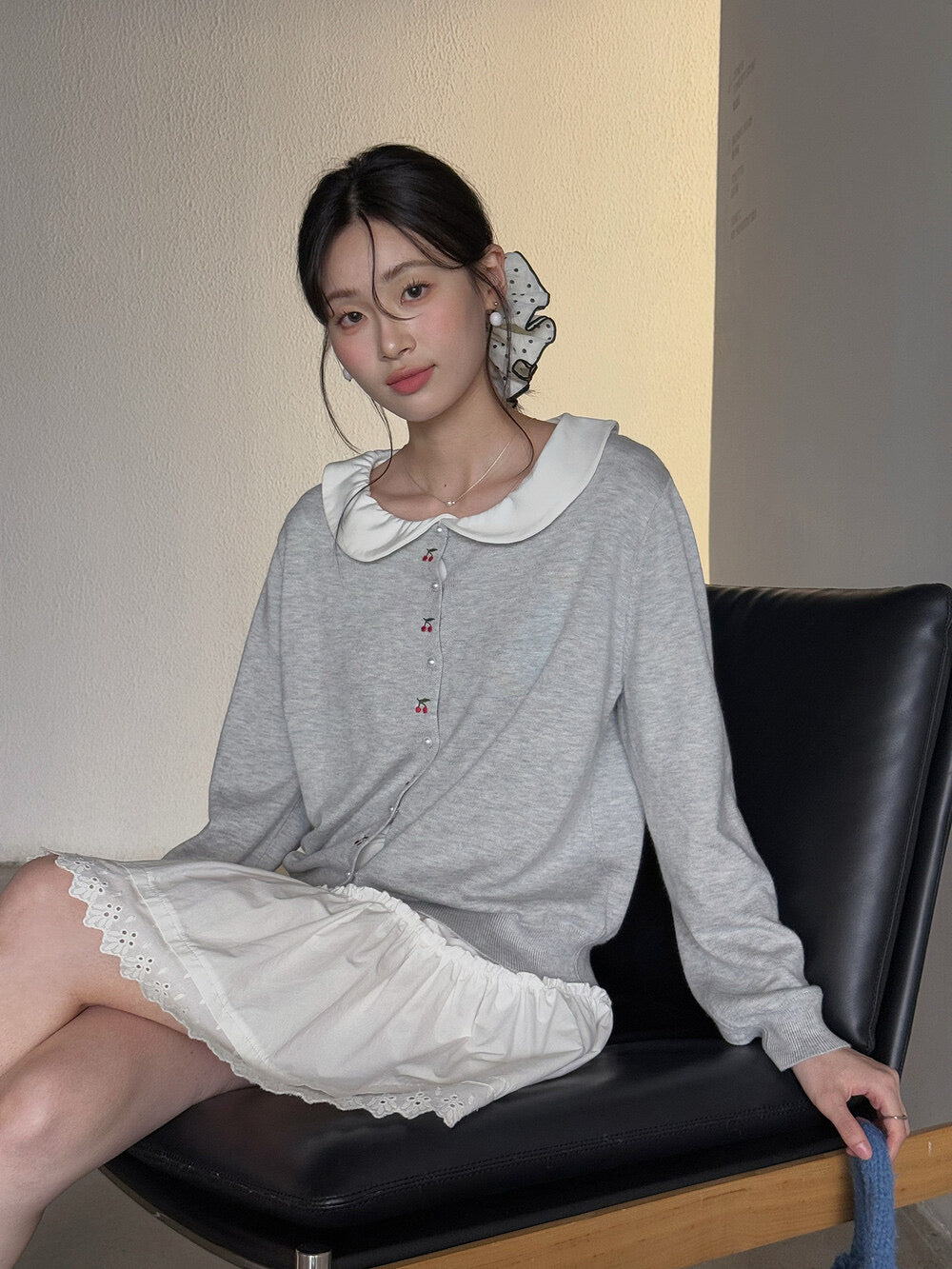 APXIVI Korean-Inspired Cherry Embroidery Wool Knit Cardigan (6% Wool)