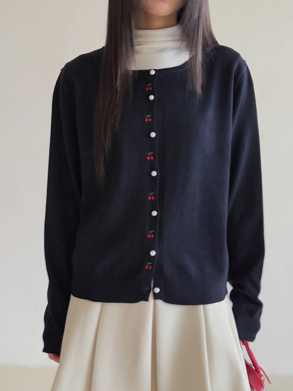 APXIVI Korean-Inspired Cherry Embroidery Wool Knit Cardigan (6% Wool)