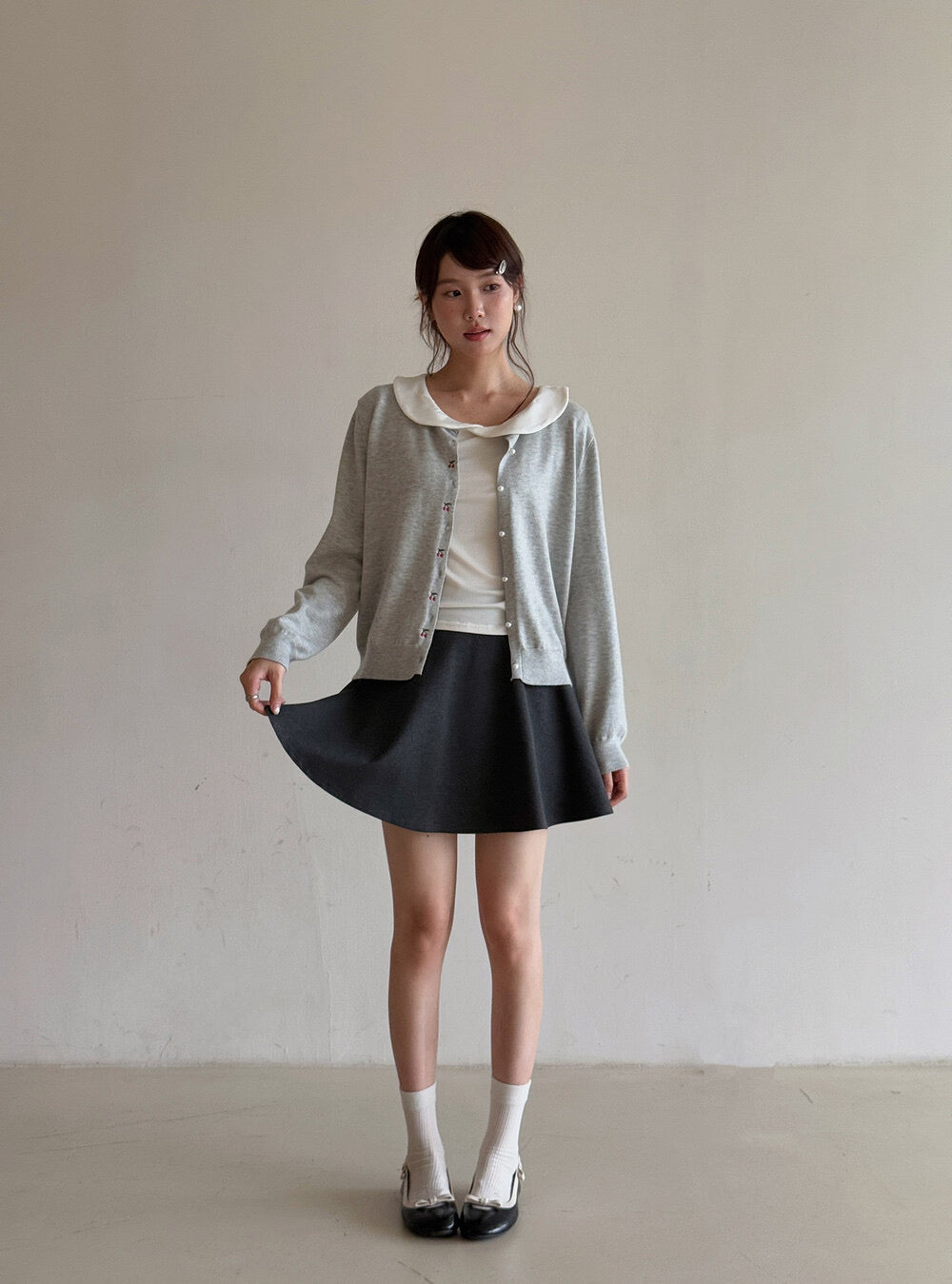 APXIVI Korean-Inspired Cherry Embroidery Wool Knit Cardigan (6% Wool)