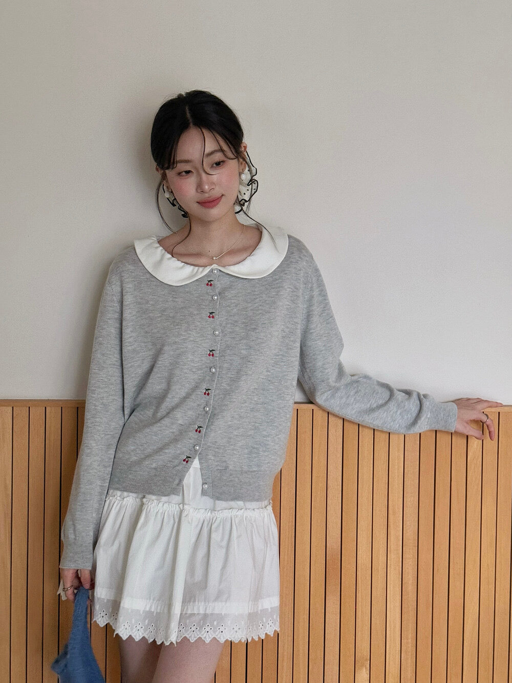 APXIVI Korean-Inspired Cherry Embroidery Wool Knit Cardigan (6% Wool)