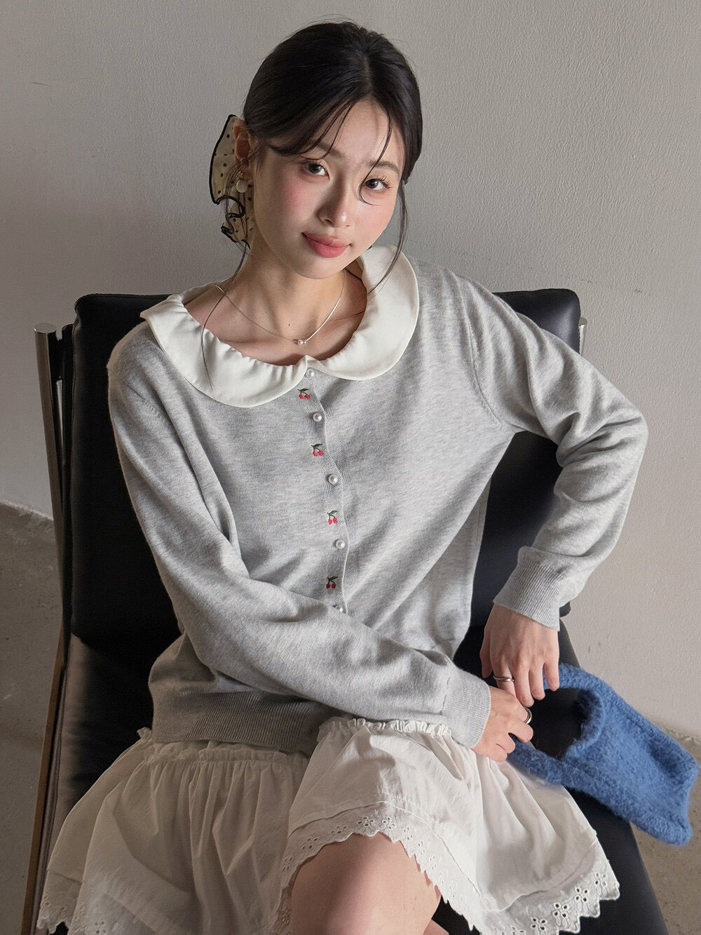 APXIVI Korean-Inspired Cherry Embroidery Wool Knit Cardigan (6% Wool)