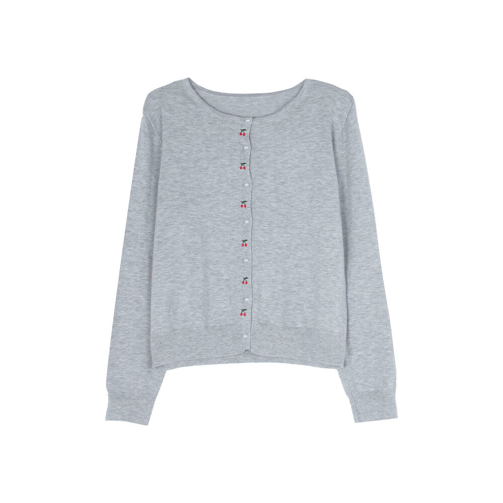 APXIVI Korean-Inspired Cherry Embroidery Wool Knit Cardigan (6% Wool)