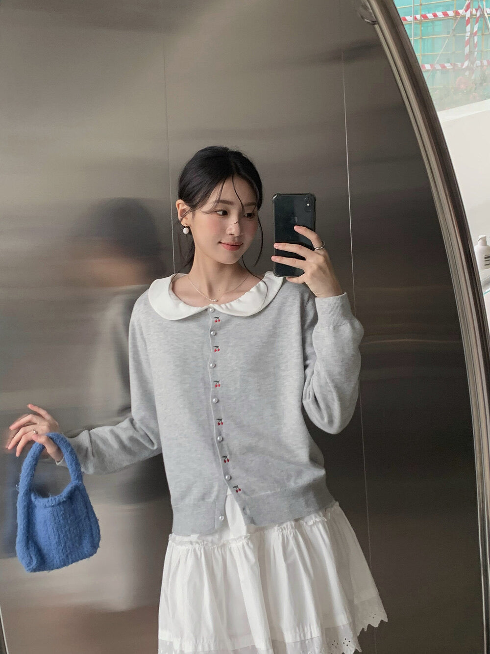 APXIVI Korean-Inspired Cherry Embroidery Wool Knit Cardigan (6% Wool)