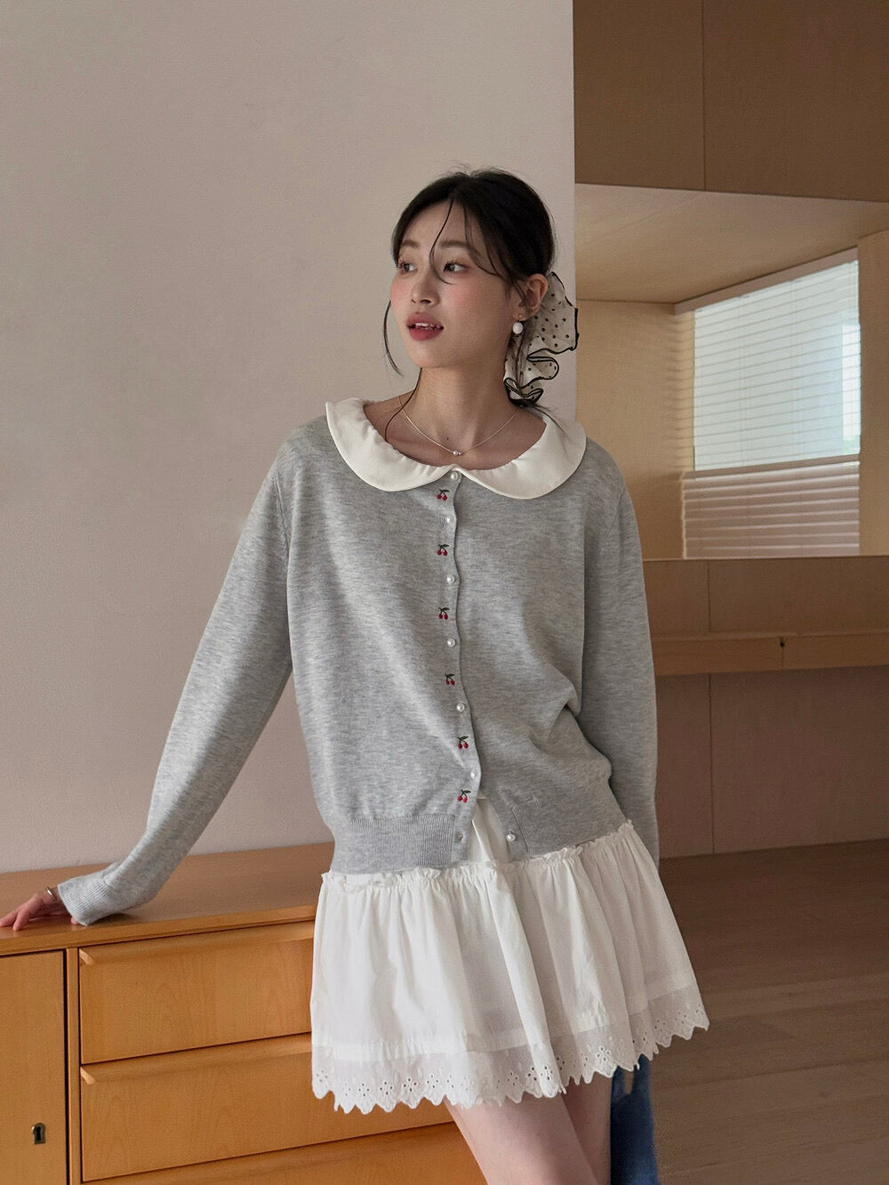 APXIVI Korean-Inspired Cherry Embroidery Wool Knit Cardigan (6% Wool)
