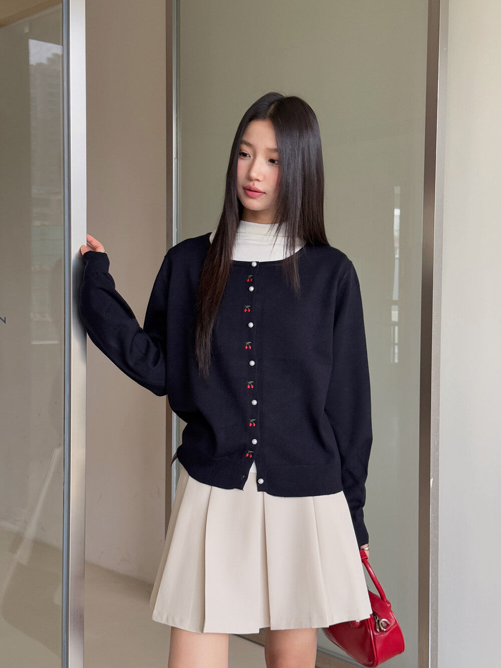 APXIVI Korean-Inspired Cherry Embroidery Wool Knit Cardigan (6% Wool)