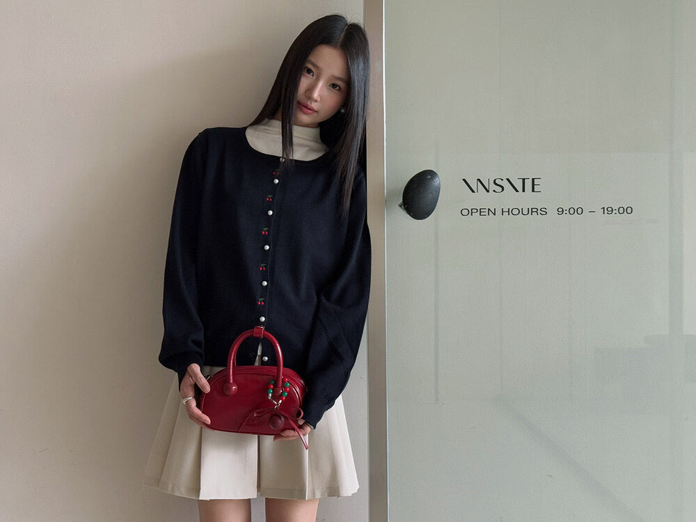 APXIVI Korean-Inspired Cherry Embroidery Wool Knit Cardigan (6% Wool)