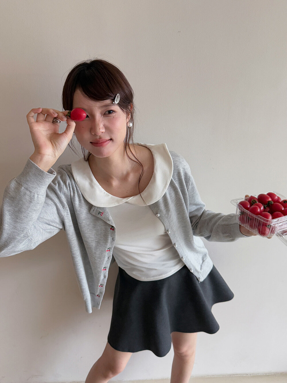 APXIVI Korean-Inspired Cherry Embroidery Wool Knit Cardigan (6% Wool)