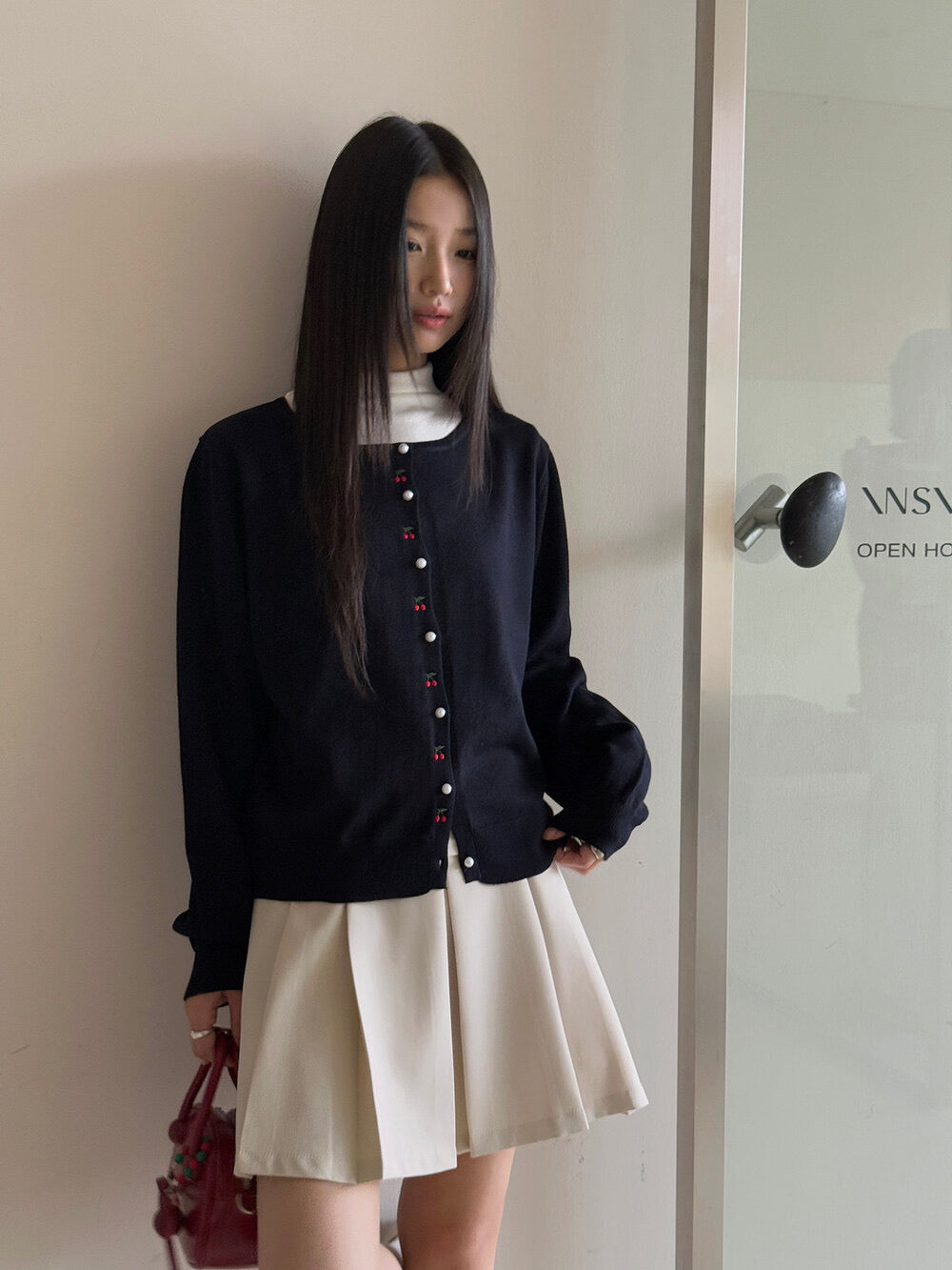 APXIVI Korean-Inspired Cherry Embroidery Wool Knit Cardigan (6% Wool)