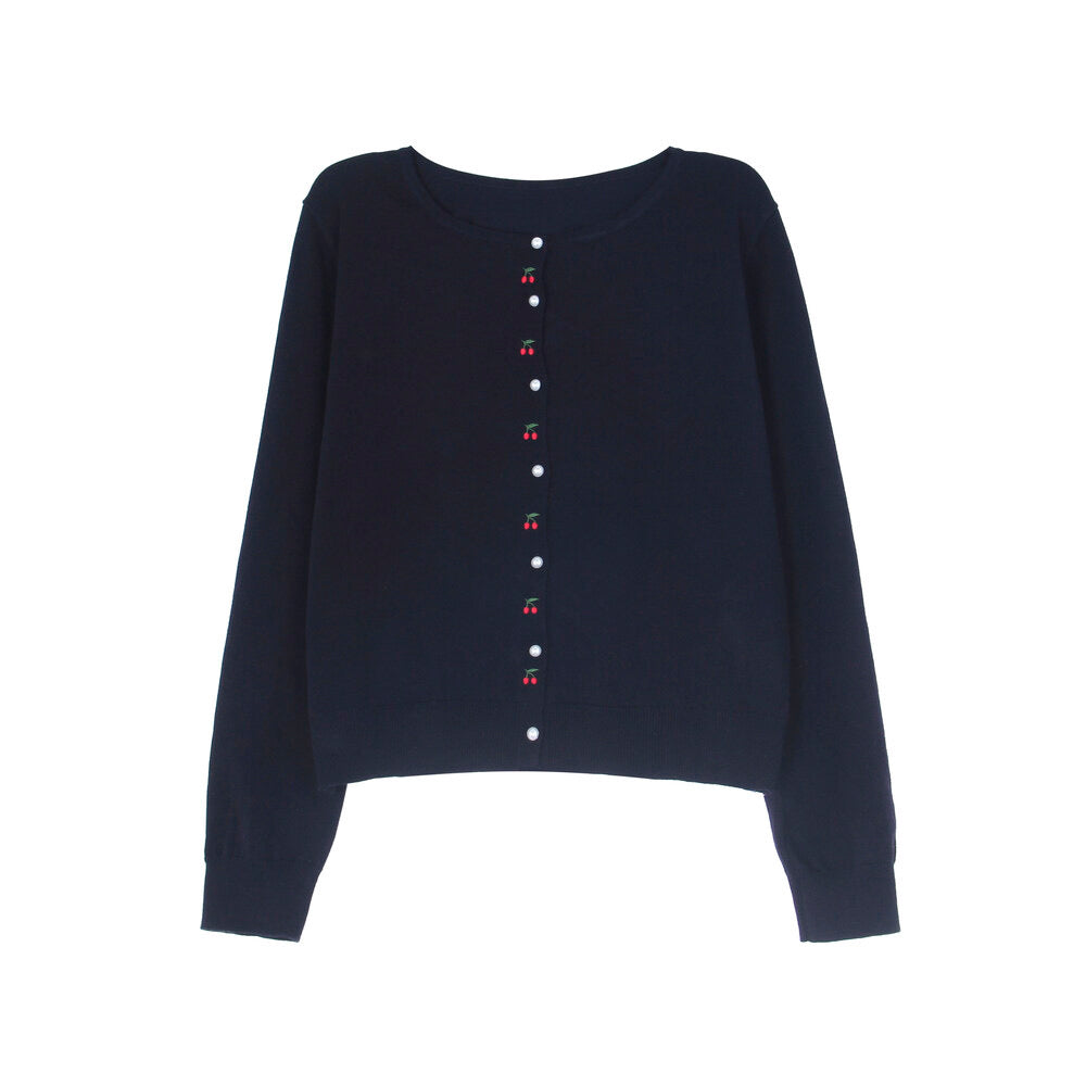 APXIVI Korean-Inspired Cherry Embroidery Wool Knit Cardigan (6% Wool)