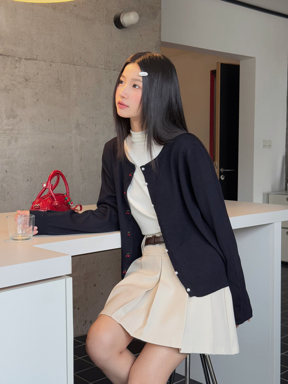 APXIVI Korean-Inspired Cherry Embroidery Wool Knit Cardigan (6% Wool)