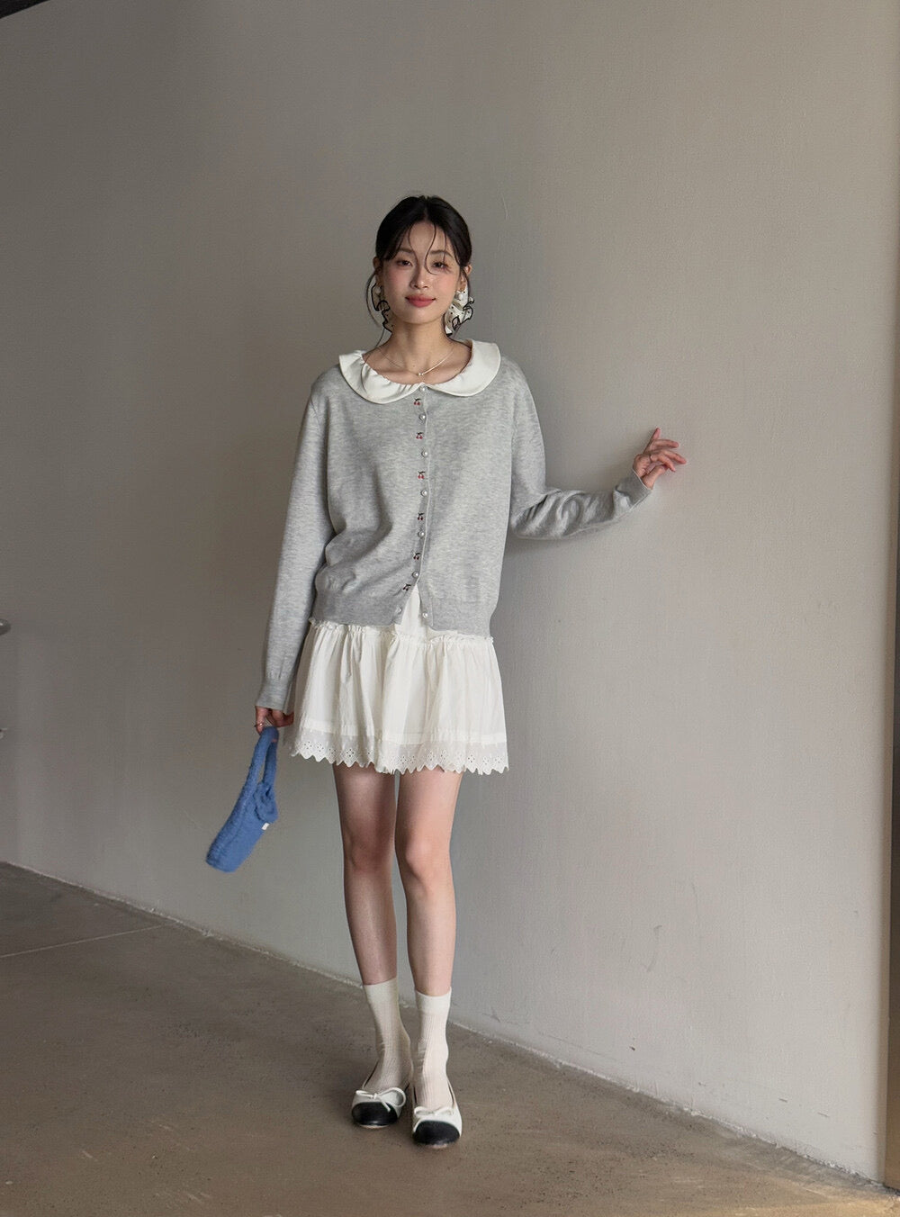 APXIVI Korean-Inspired Cherry Embroidery Wool Knit Cardigan (6% Wool)