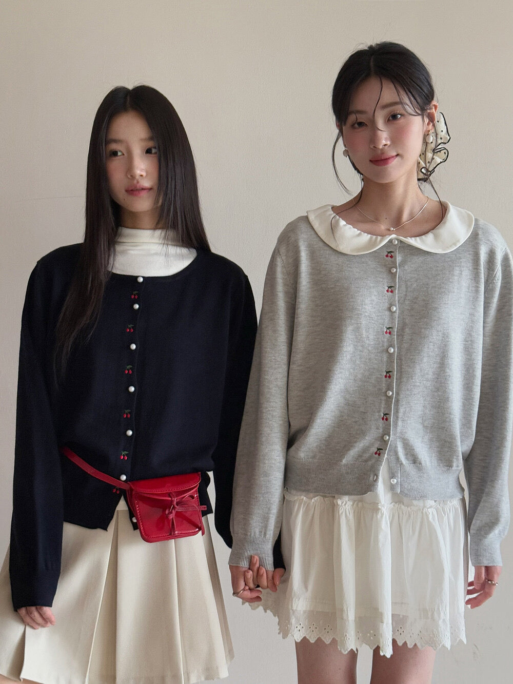 APXIVI Korean-Inspired Cherry Embroidery Wool Knit Cardigan (6% Wool)