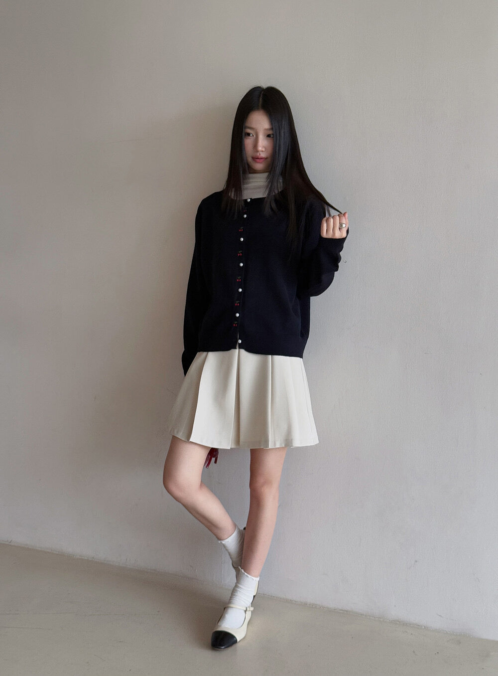 APXIVI Korean-Inspired Cherry Embroidery Wool Knit Cardigan (6% Wool)