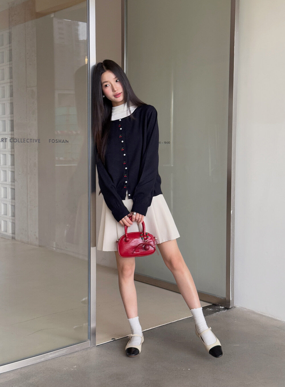 APXIVI Korean-Inspired Cherry Embroidery Wool Knit Cardigan (6% Wool)
