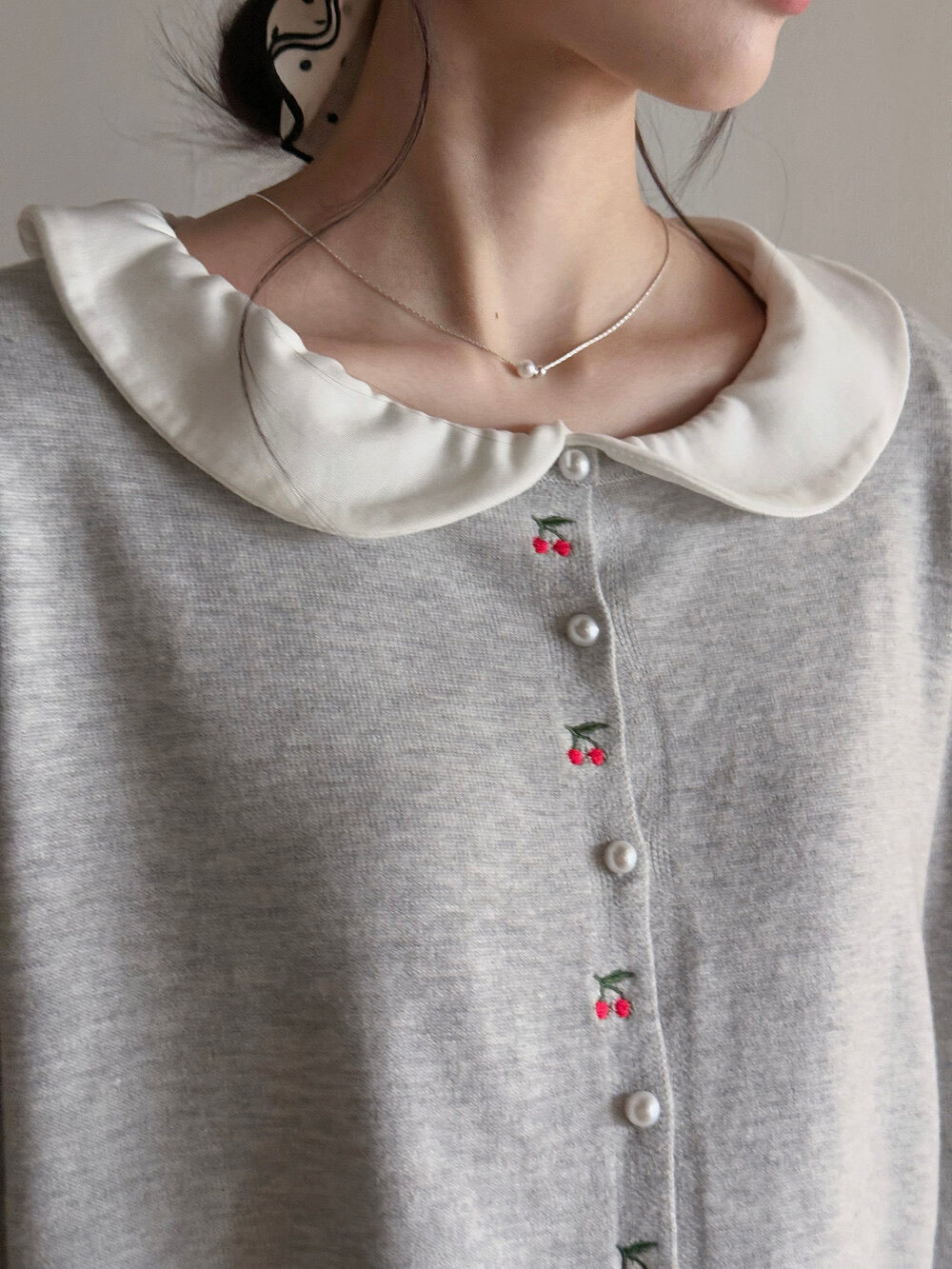 APXIVI Korean-Inspired Cherry Embroidery Wool Knit Cardigan (6% Wool)