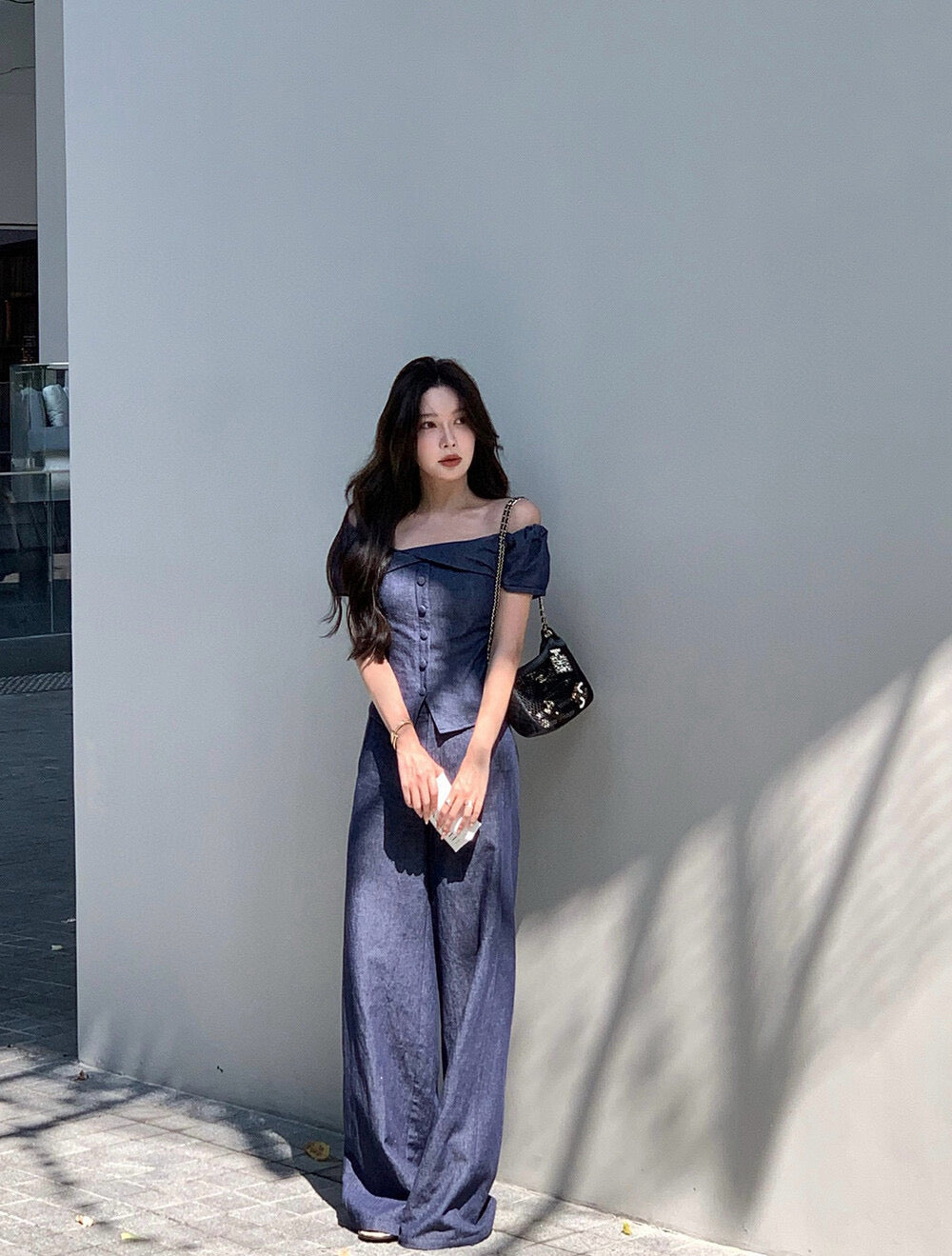 WGWE Minimalist Luxe Off-Shoulder Top + Relaxed Wide-Leg Pants Set