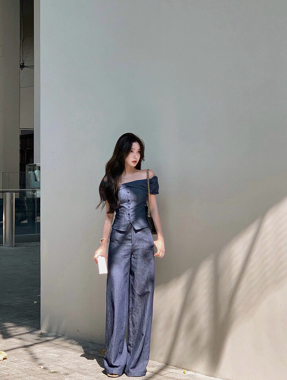 WGWE Minimalist Luxe Off-Shoulder Top + Relaxed Wide-Leg Pants Set