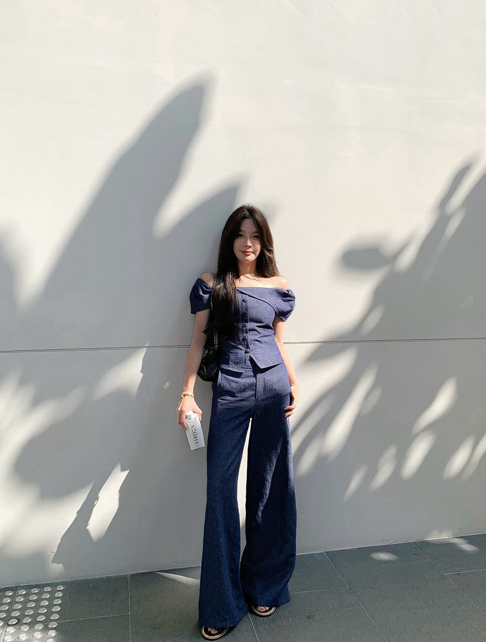 WGWE Minimalist Luxe Off-Shoulder Top + Relaxed Wide-Leg Pants Set