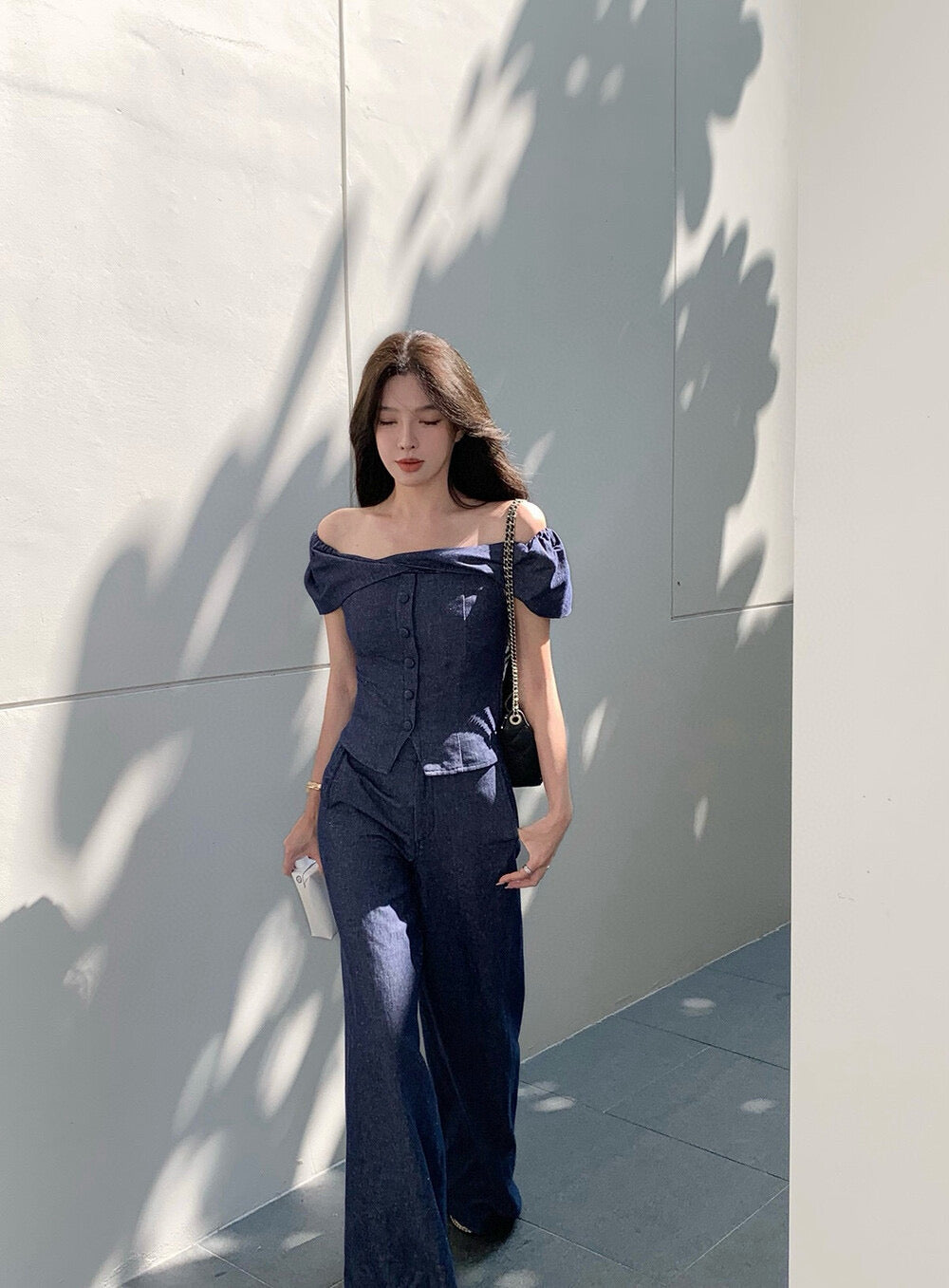 WGWE Minimalist Luxe Off-Shoulder Top + Relaxed Wide-Leg Pants Set