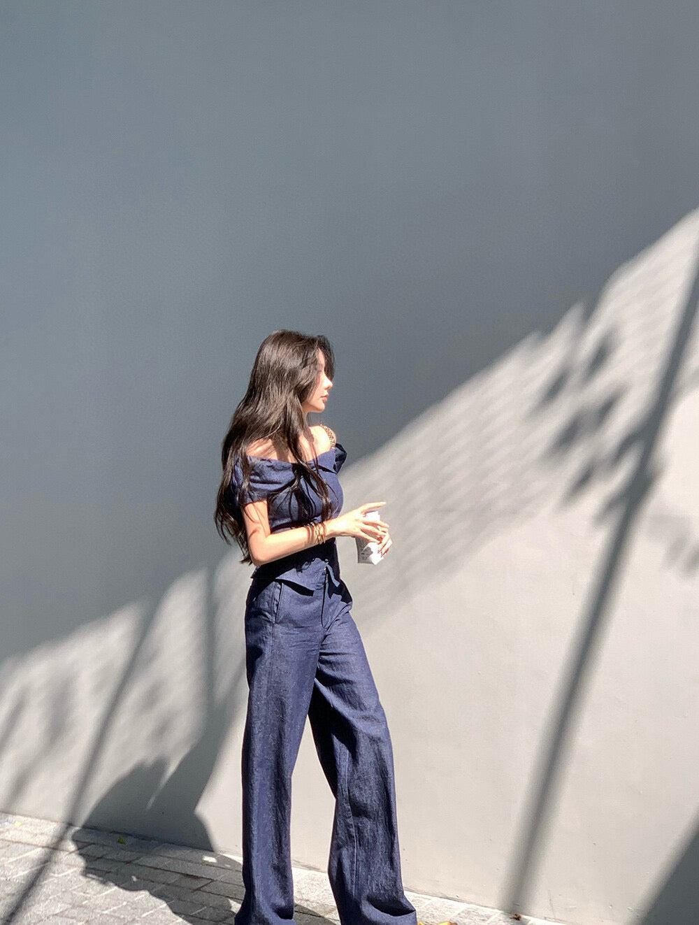 WGWE Minimalist Luxe Off-Shoulder Top + Relaxed Wide-Leg Pants Set