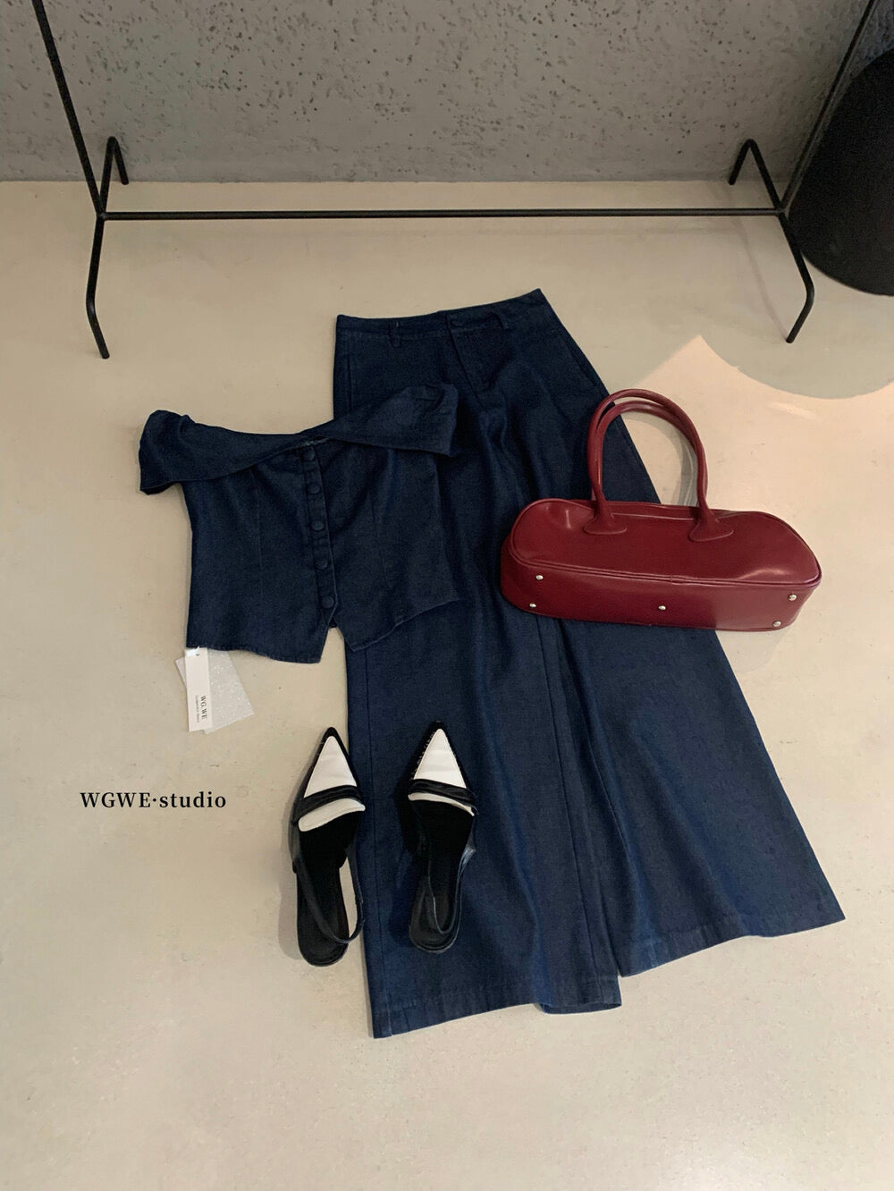 WGWE Minimalist Luxe Off-Shoulder Top + Relaxed Wide-Leg Pants Set