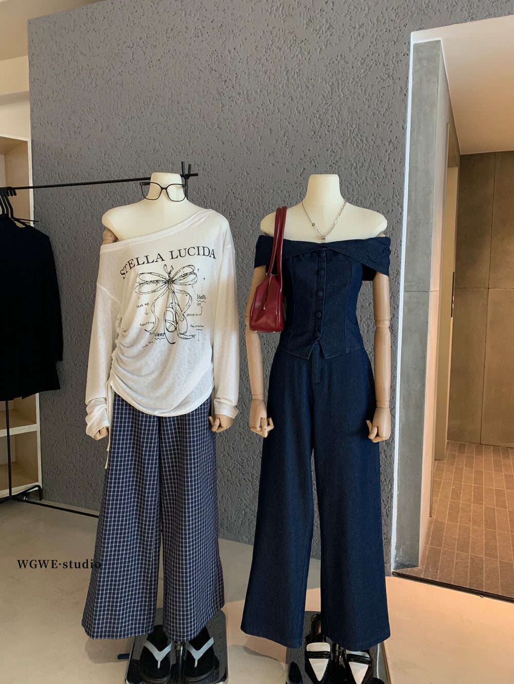 WGWE Minimalist Luxe Off-Shoulder Top + Relaxed Wide-Leg Pants Set