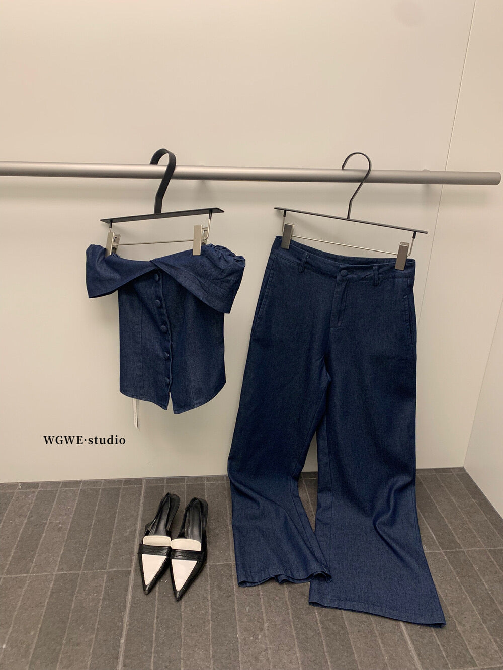 WGWE Minimalist Luxe Off-Shoulder Top + Relaxed Wide-Leg Pants Set