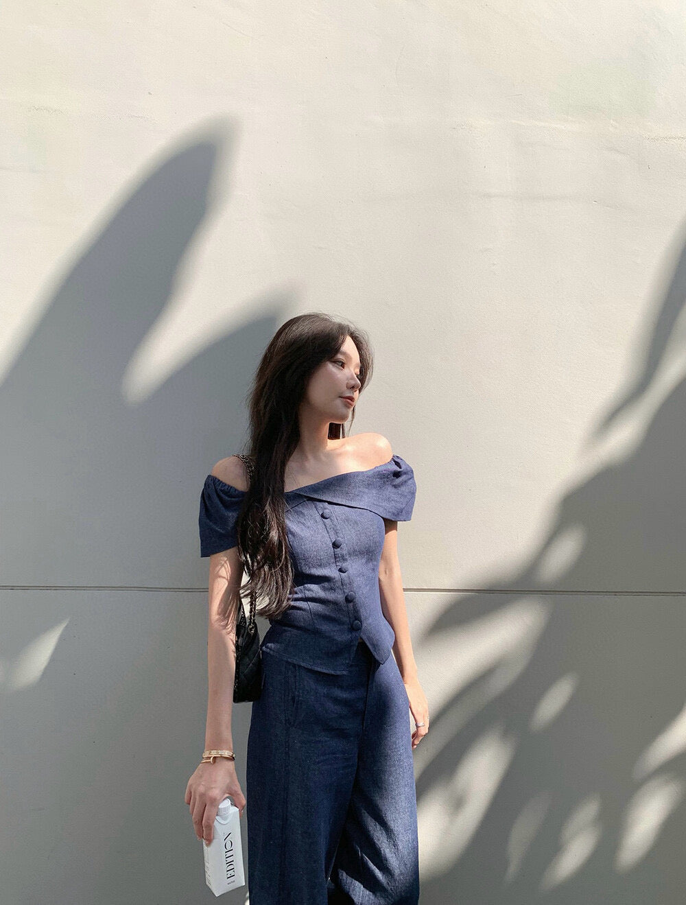 WGWE Minimalist Luxe Off-Shoulder Top + Relaxed Wide-Leg Pants Set