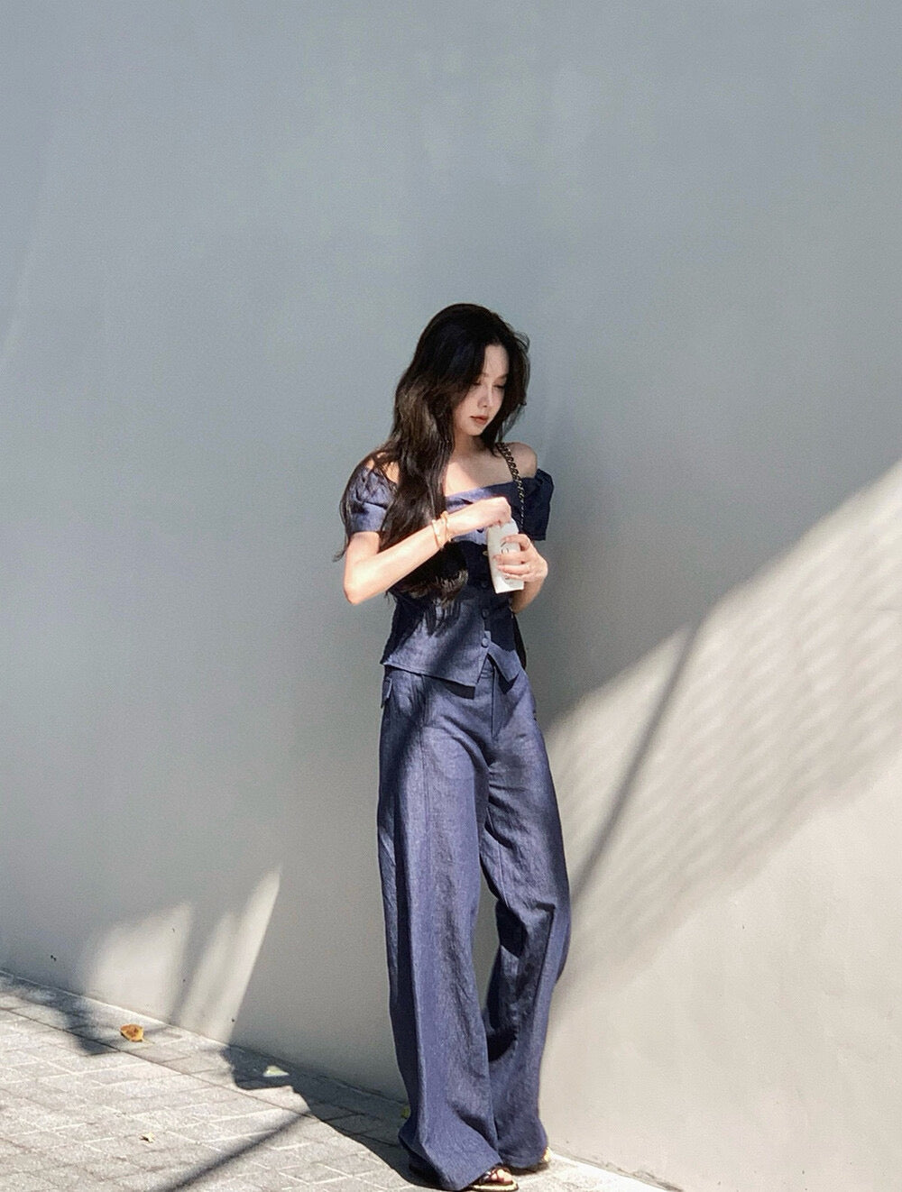 WGWE Minimalist Luxe Off-Shoulder Top + Relaxed Wide-Leg Pants Set