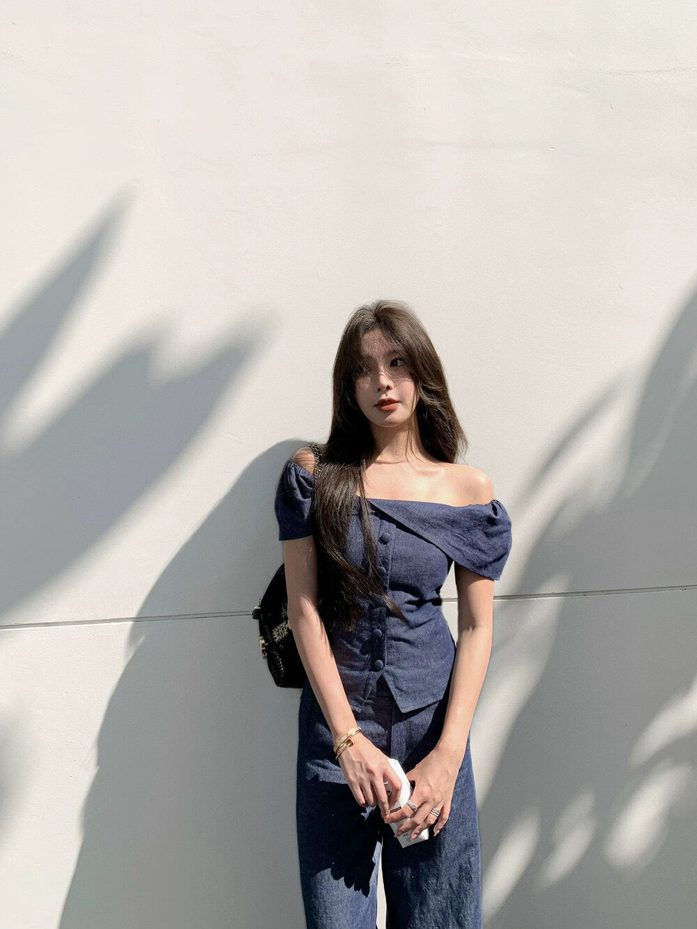 WGWE Minimalist Luxe Off-Shoulder Top + Relaxed Wide-Leg Pants Set
