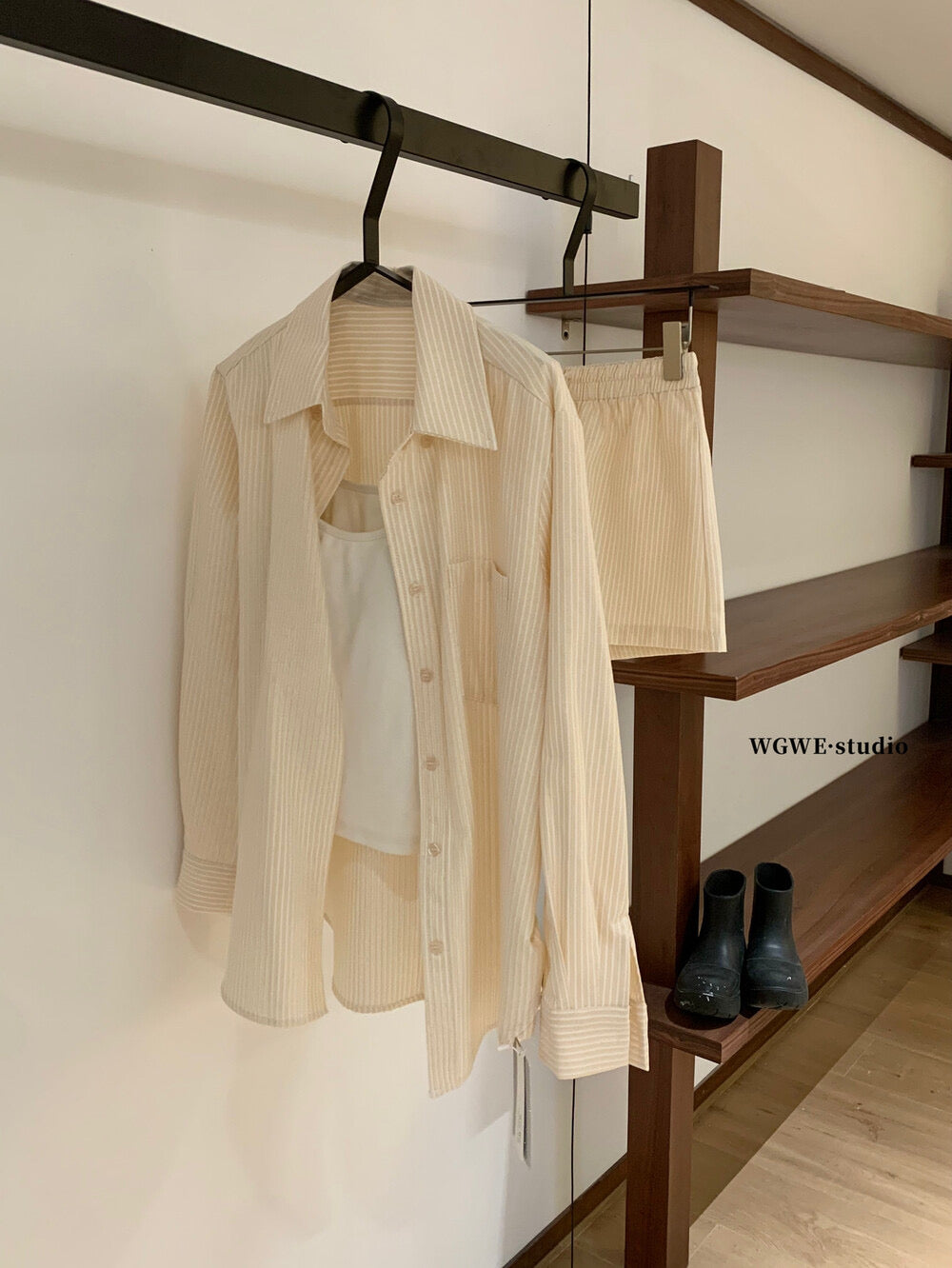WGWE Striped Button-Up Shirt + Elastic Waist Casual Shorts Set