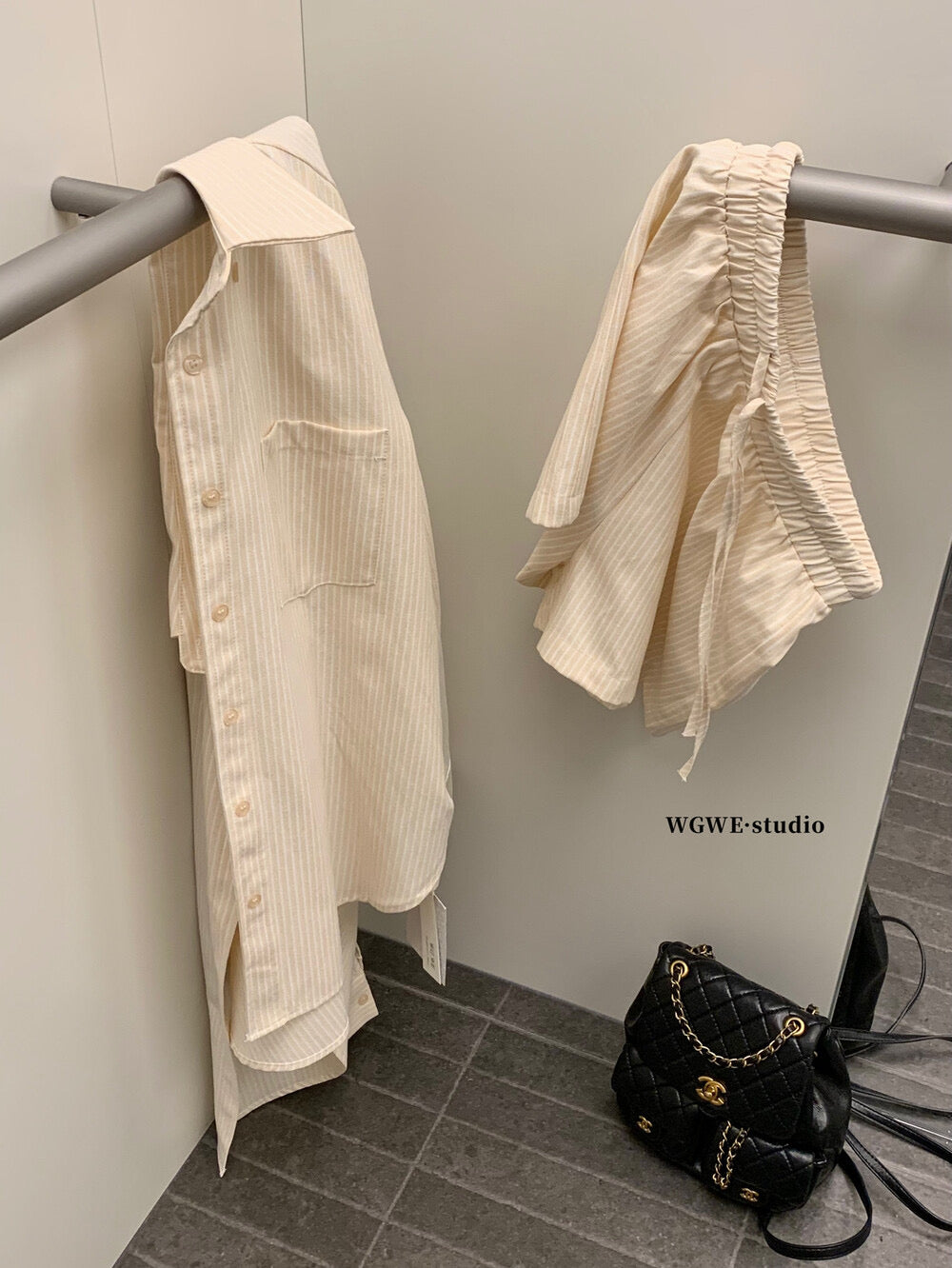 WGWE Striped Button-Up Shirt + Elastic Waist Casual Shorts Set