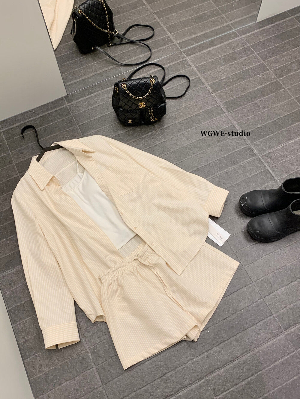 WGWE Striped Button-Up Shirt + Elastic Waist Casual Shorts Set