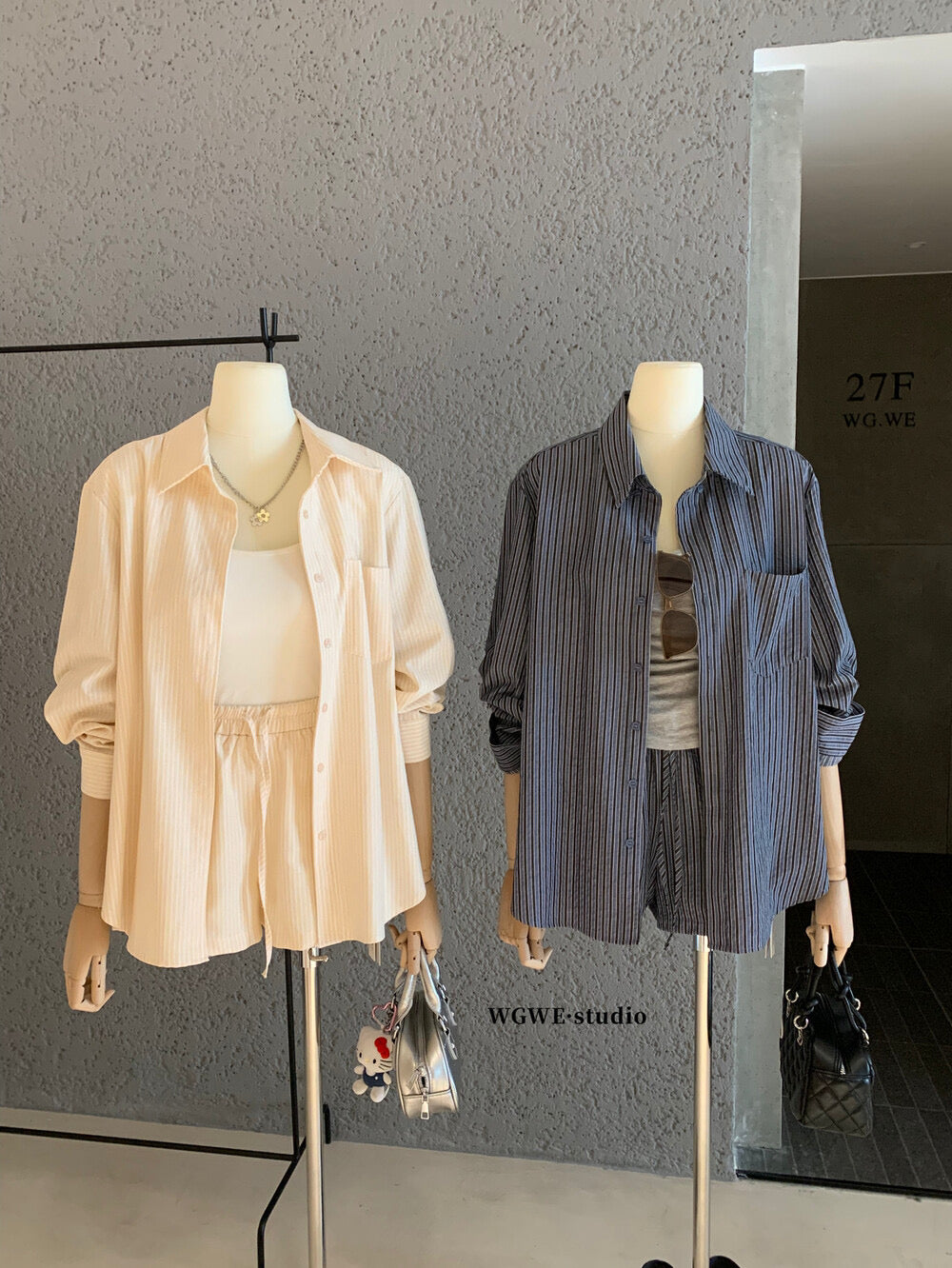 WGWE Striped Button-Up Shirt + Elastic Waist Casual Shorts Set