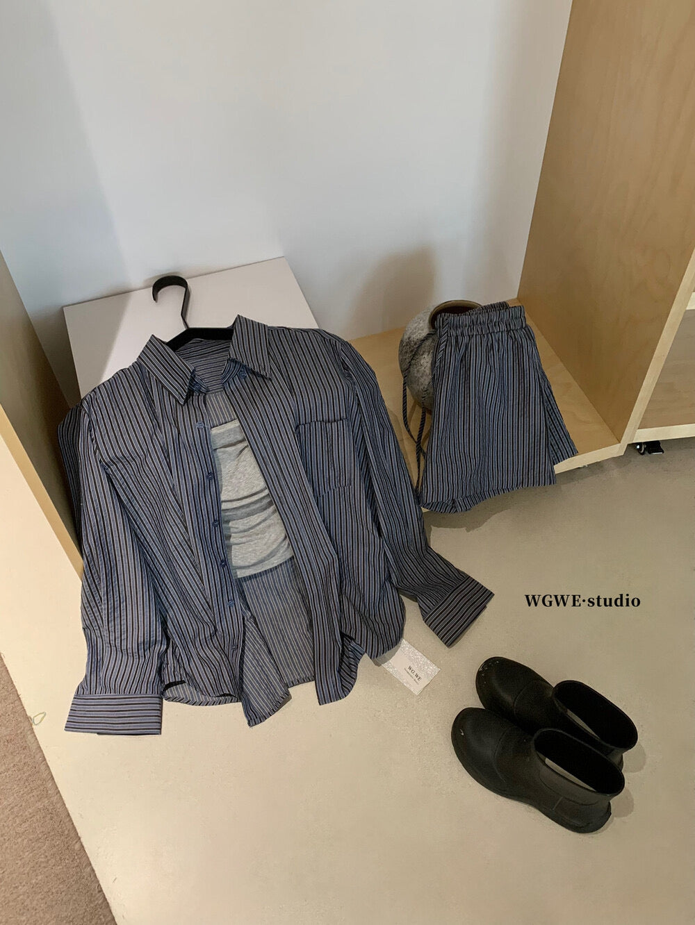 WGWE Striped Button-Up Shirt + Elastic Waist Casual Shorts Set