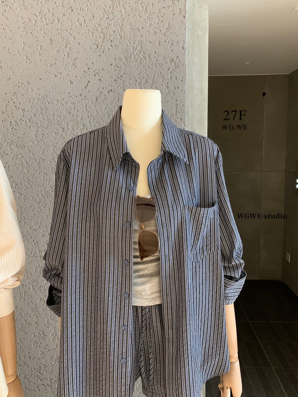 WGWE Striped Button-Up Shirt + Elastic Waist Casual Shorts Set