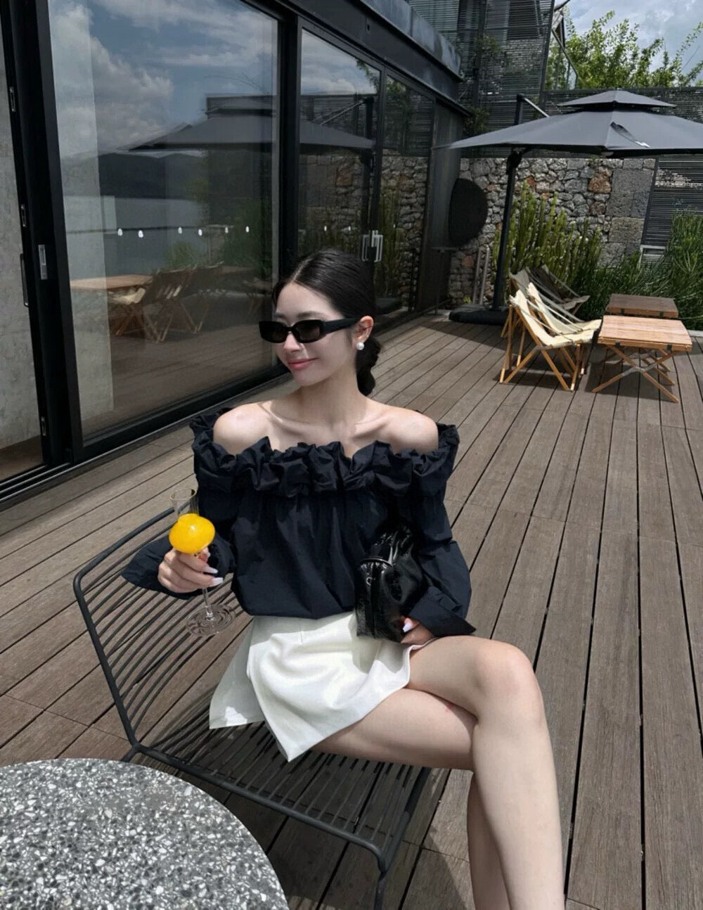 WGWE Off-Shoulder Lantern Sleeve Blouse