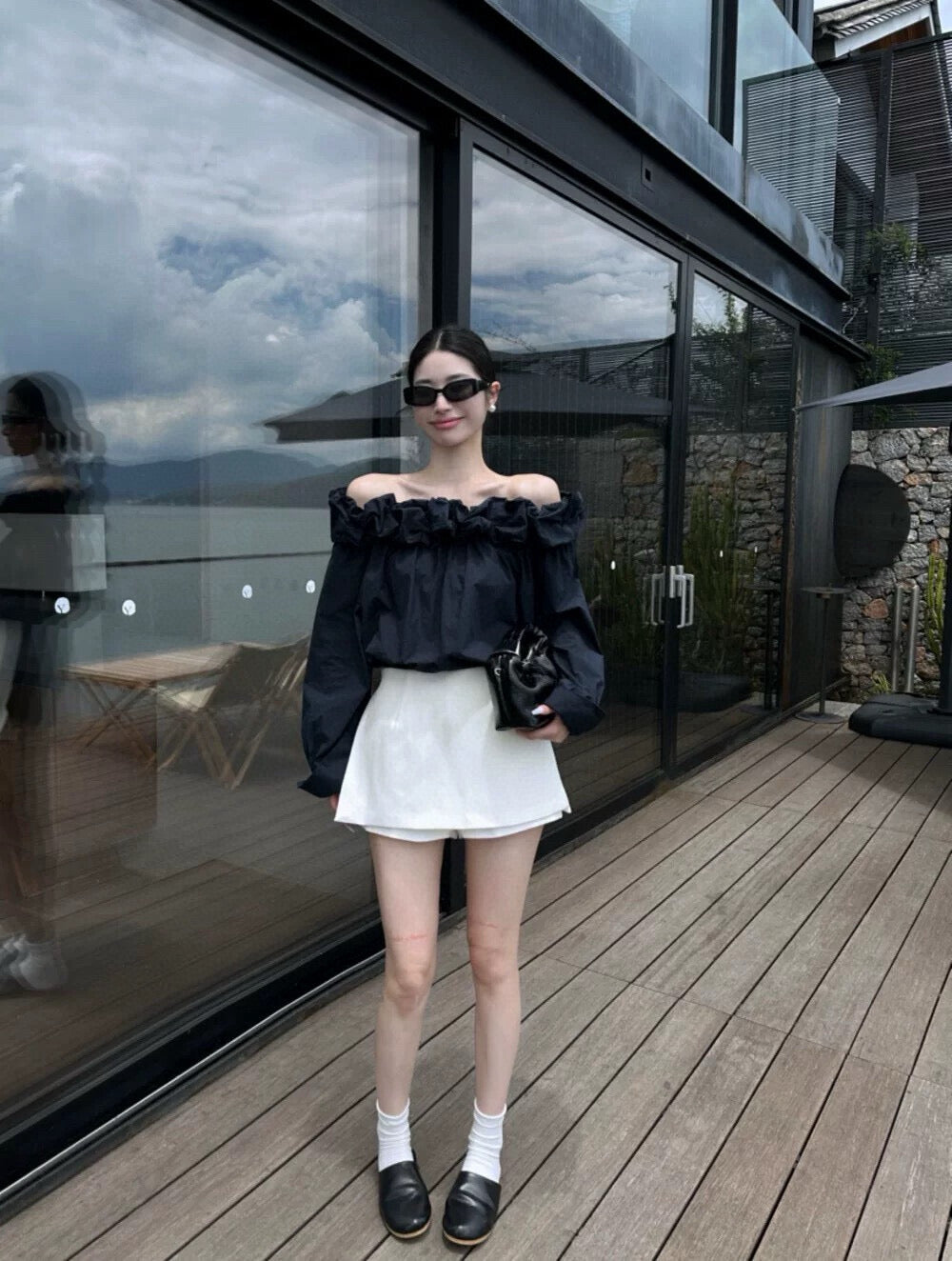 WGWE Off-Shoulder Lantern Sleeve Blouse