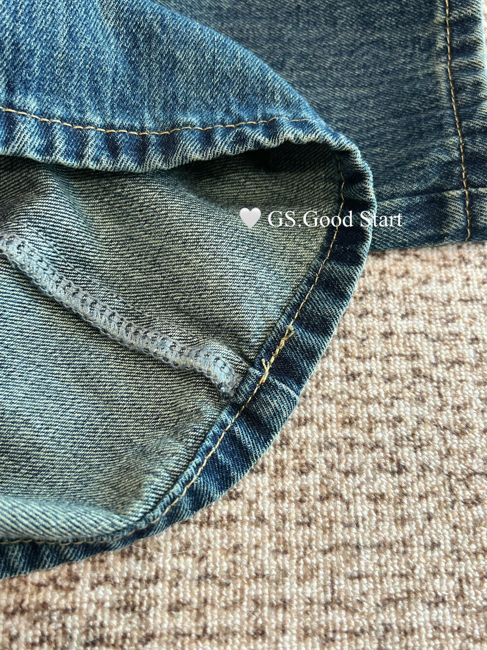 GS.GOOD START Retro Cat-Scratch Wash Straight-Leg Jeans