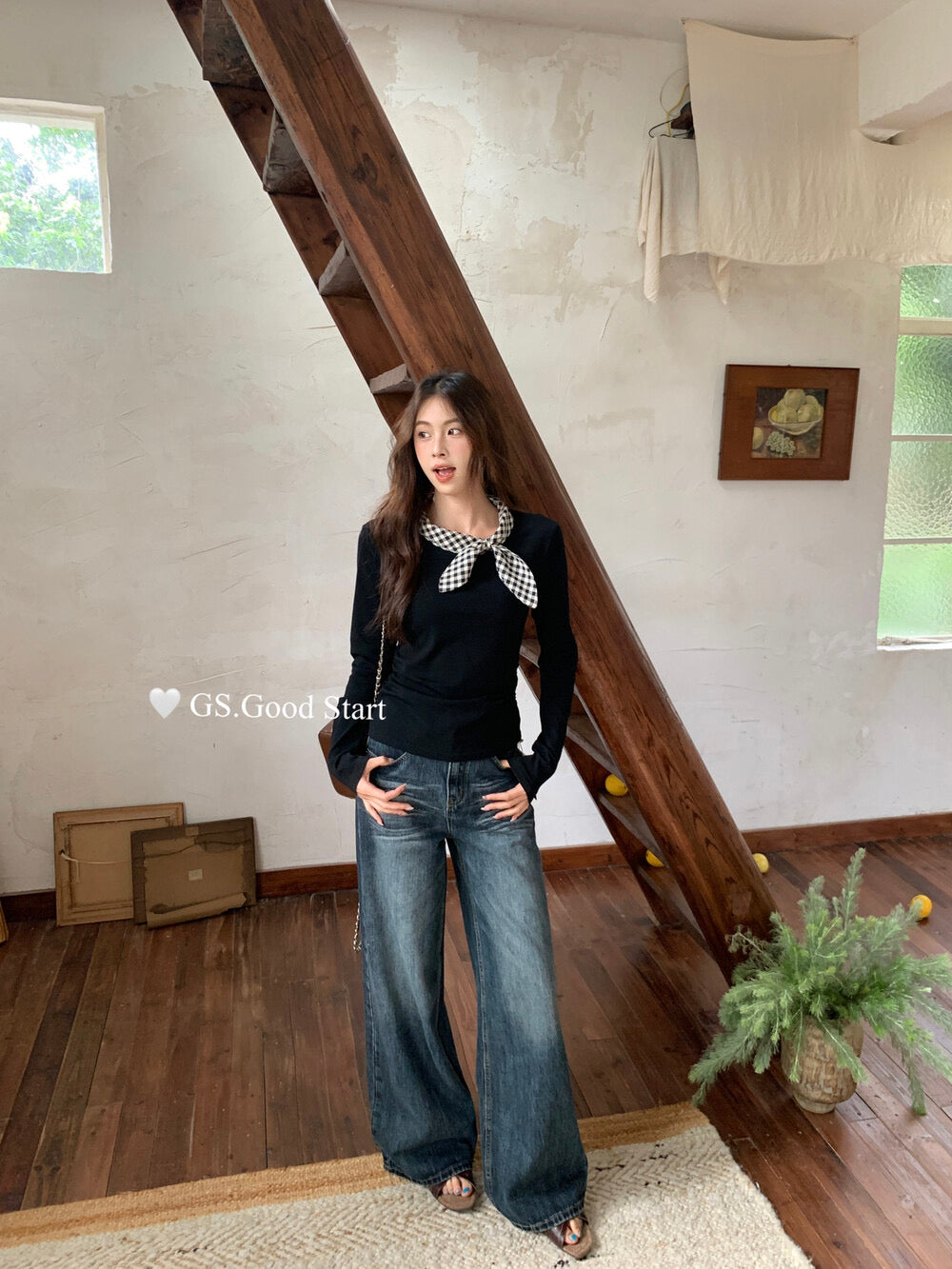 GS.GOOD START Retro Cat-Scratch Wash Straight-Leg Jeans