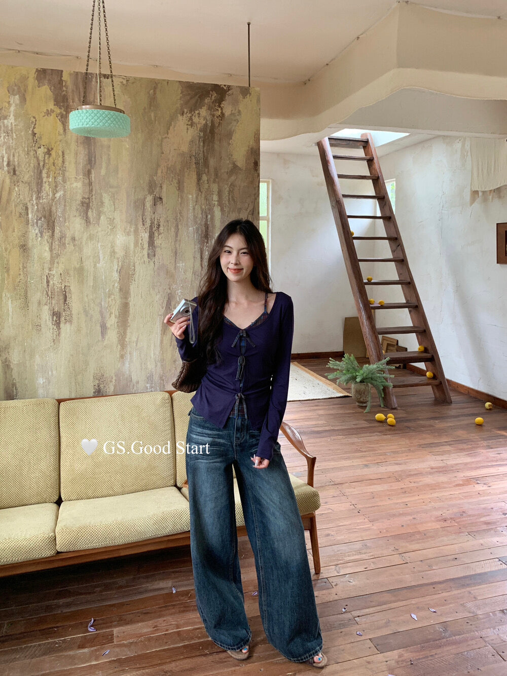 GS.GOOD START Retro Cat-Scratch Wash Straight-Leg Jeans