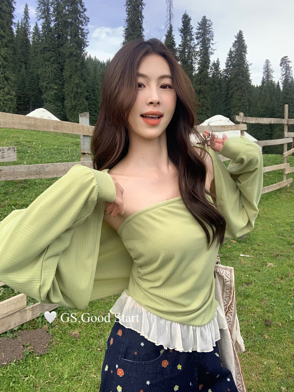 GS.GOOD START Mesh Panel Tube Top + Cardigan Set