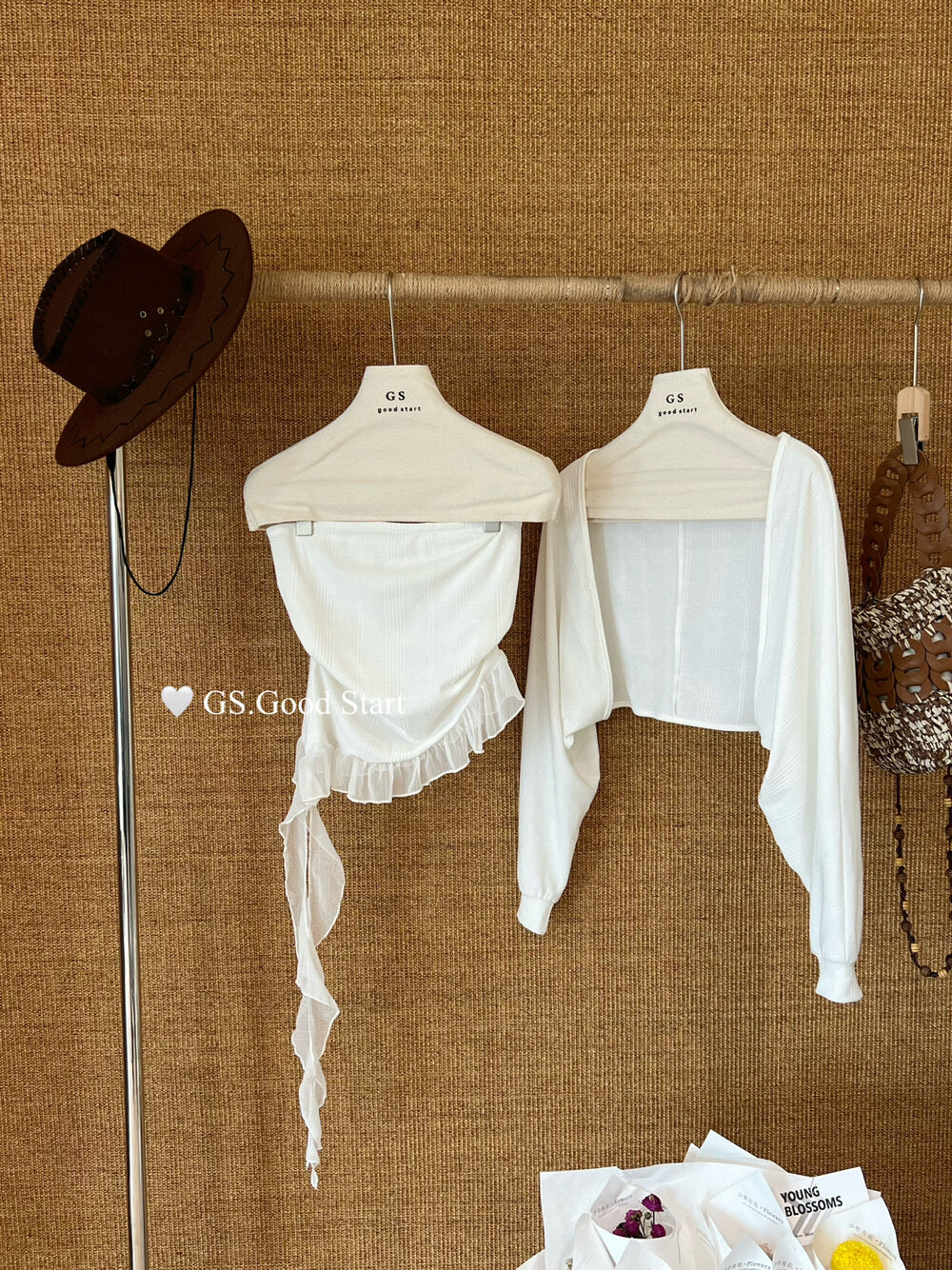 GS.GOOD START Mesh Panel Tube Top + Cardigan Set