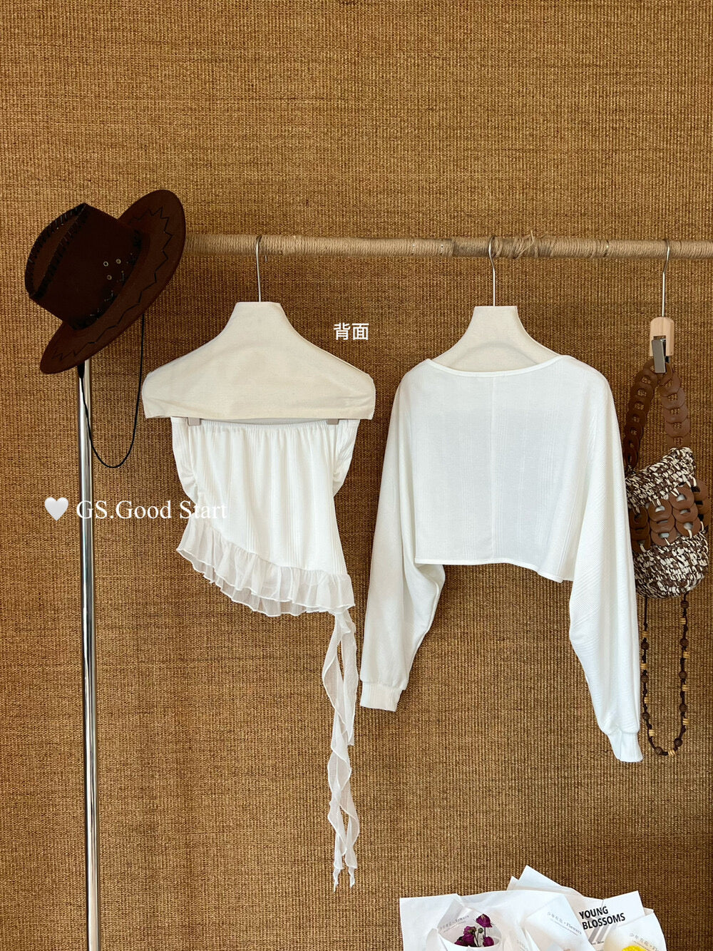 GS.GOOD START Mesh Panel Tube Top + Cardigan Set