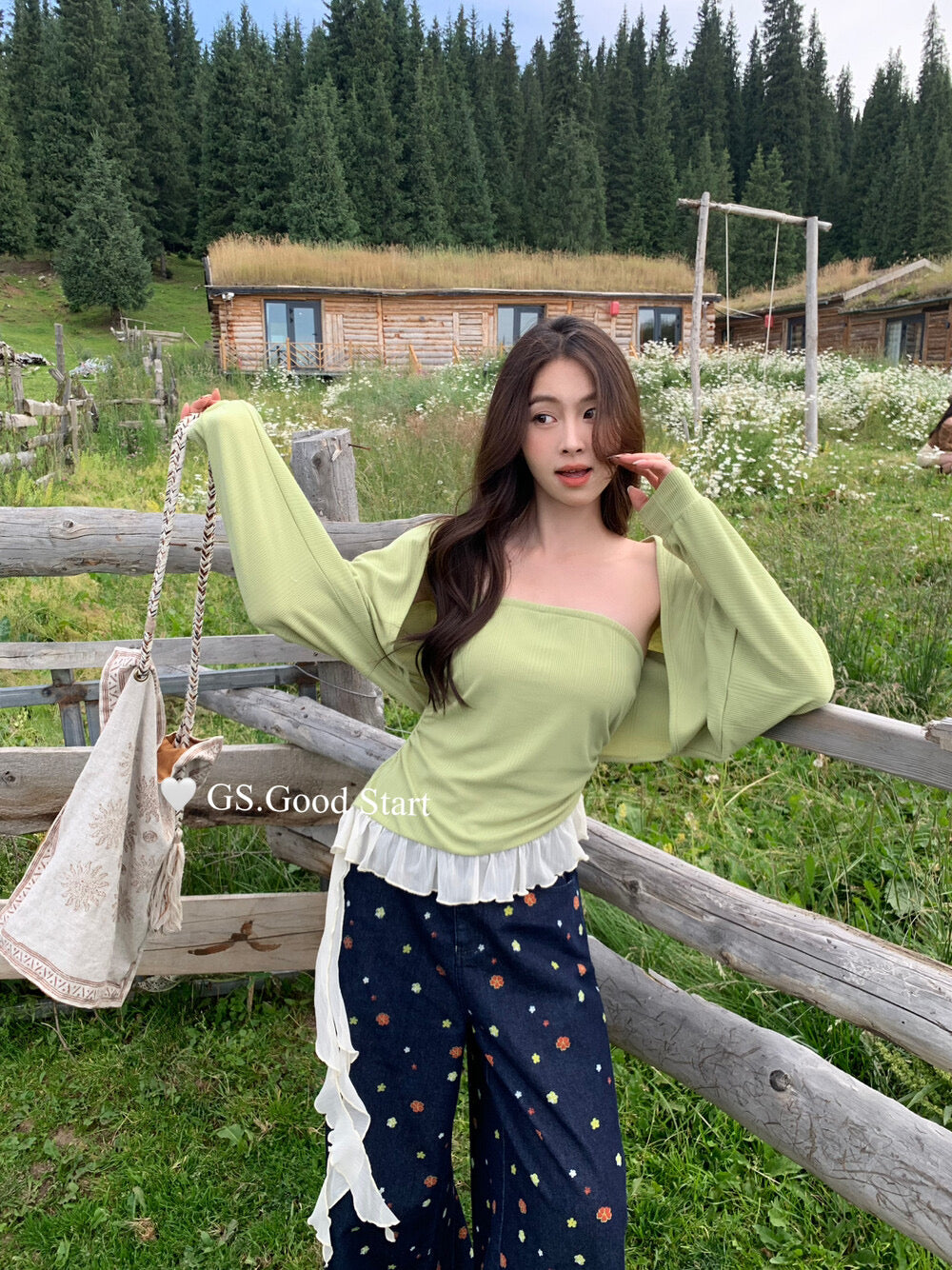GS.GOOD START Mesh Panel Tube Top + Cardigan Set