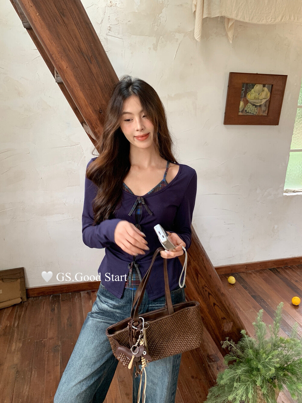 GS.GOOD START Contrast Bow Faux Two-Piece Top