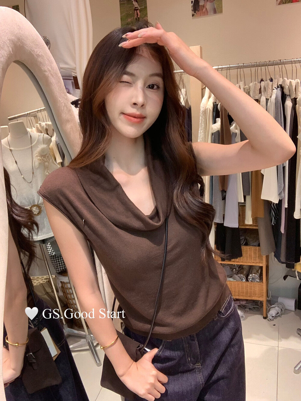 GS.GOOD START Elegant Drape-Neck Sleeveless Knit Vest