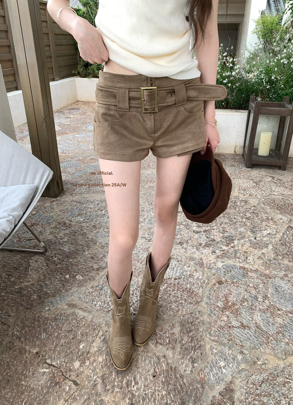 AS OFFICIAL Belgium Muse Suede Matte High-Waist Belted Shorts